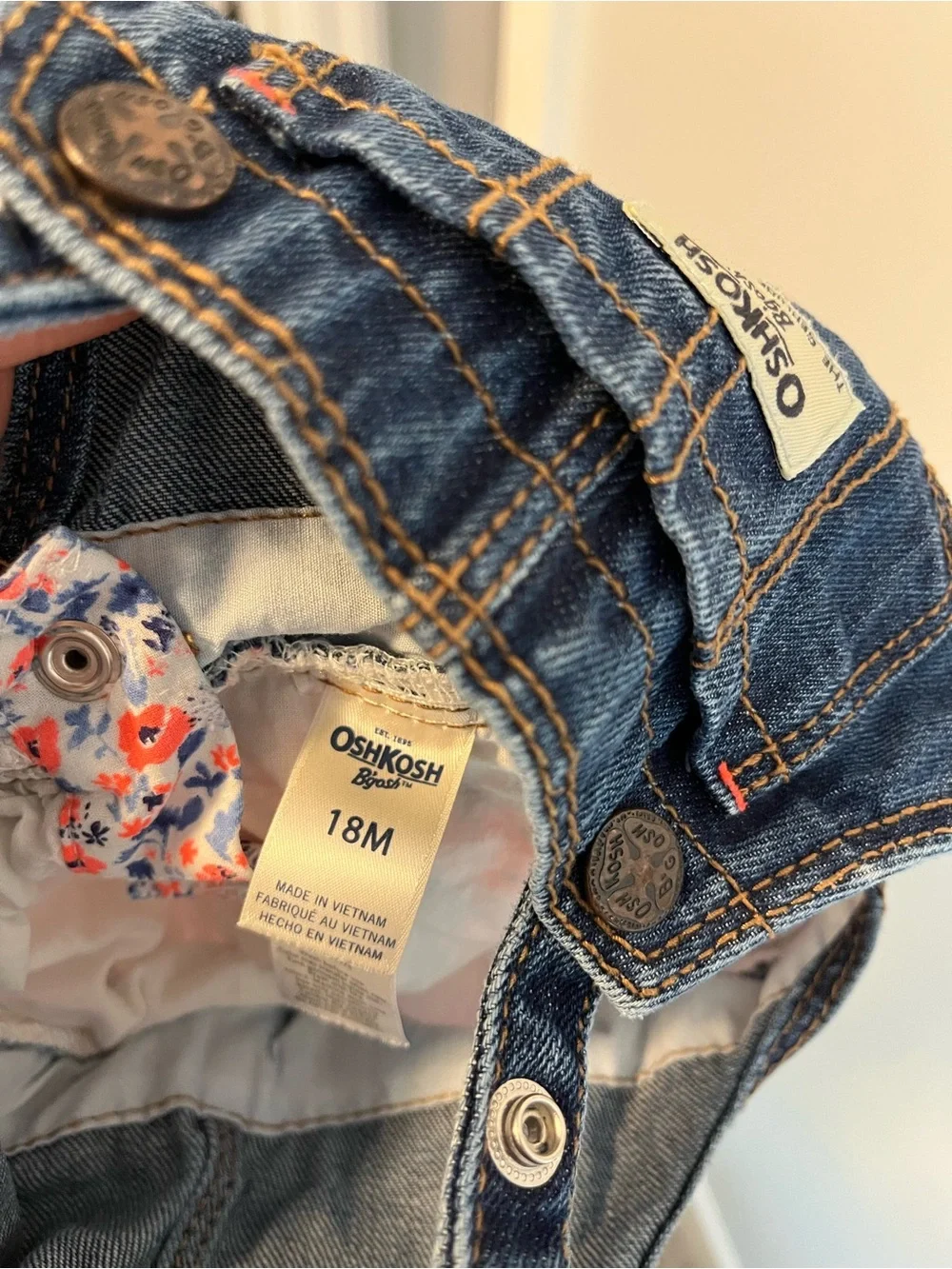 OshKosh B'gosh Dark Blue Denim Bib Dress with Pink & Blue Floral Skirt